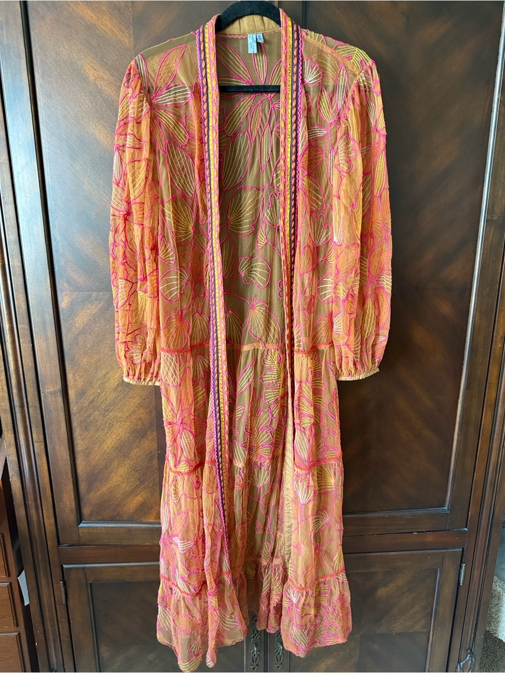 Sheer Floral Embroidered Duster Coverup in Rust Orange - Picture 3 of 8